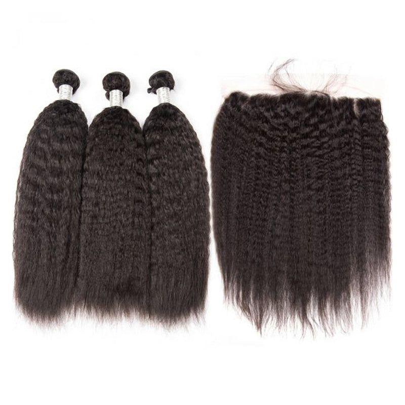 Bundle Deals With Frontal Kinky Straight Virgin Human Hair Natural Black